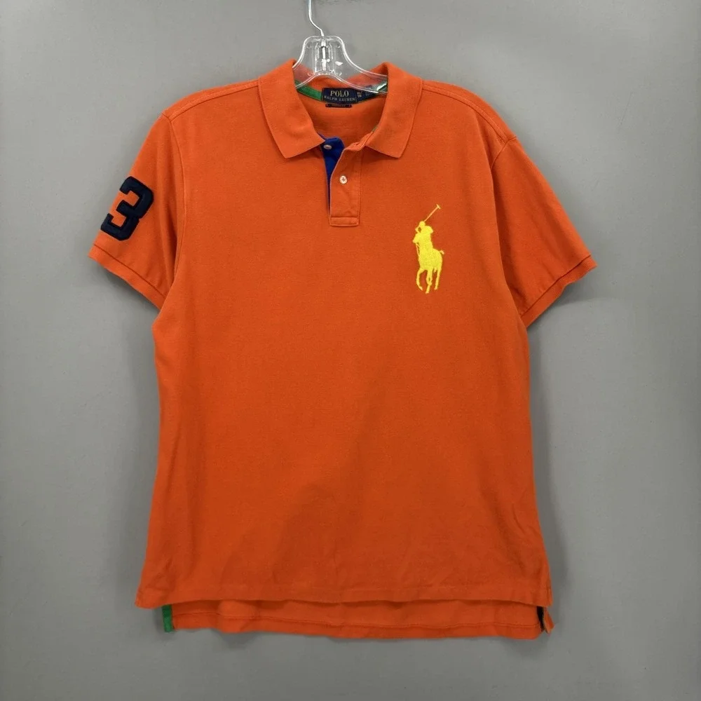 Polo Ralph Lauren Shirt Mens XL Orange Yellow Big Pony Custom Fit Pique 3 Patch